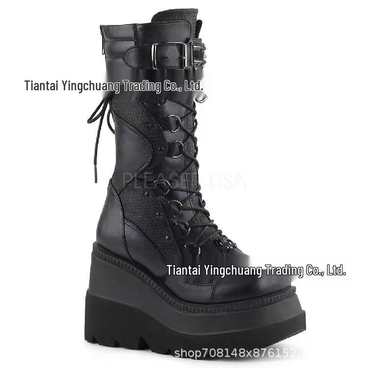 

Demonia Готические ботинки на платформе-клине - 2021 Крылатые до середины икры, Большие размеры, Европейский и американский стиль для женщин 41 чёрный