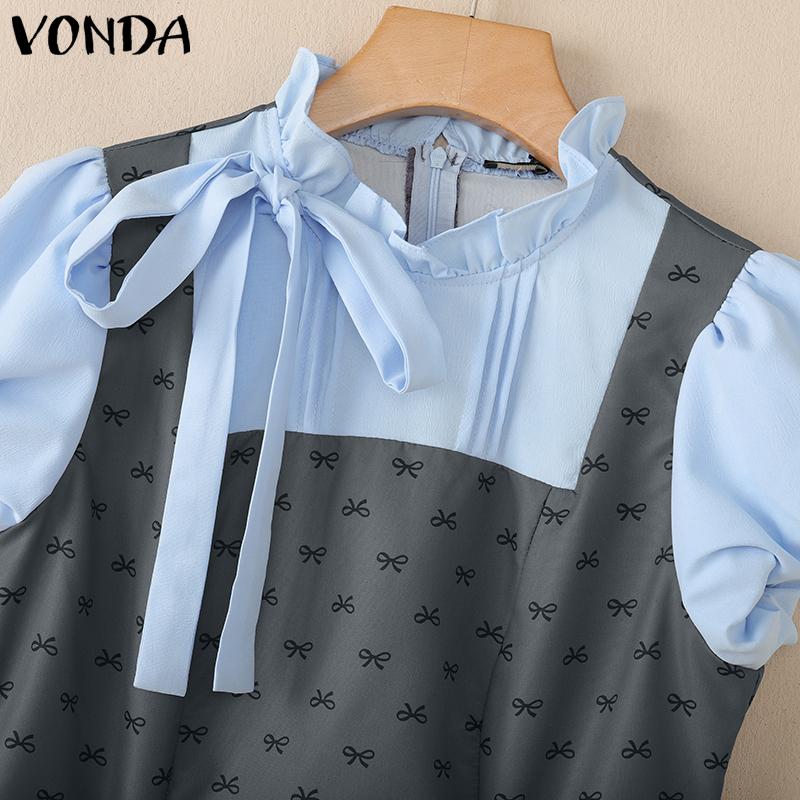 VONDA Women College Style Ruffled Neck Bow Knot Polka Dots Patchwork Pleated Dress