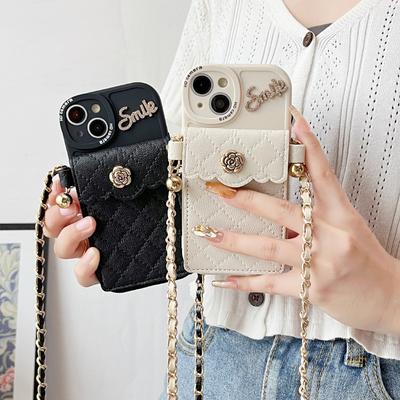 For IPhone17Pro Mobile Phone Case for Apple 15plus Diagonal Chain 16 Coin Purse Card Holder Camellia Letters