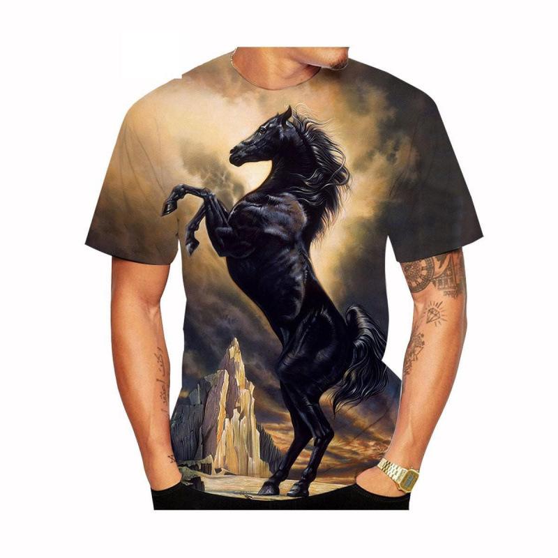 Summer Round Neck 3D Horse Pattern Print Top Fashionable Casual Short Sleeved Men's T-shirts