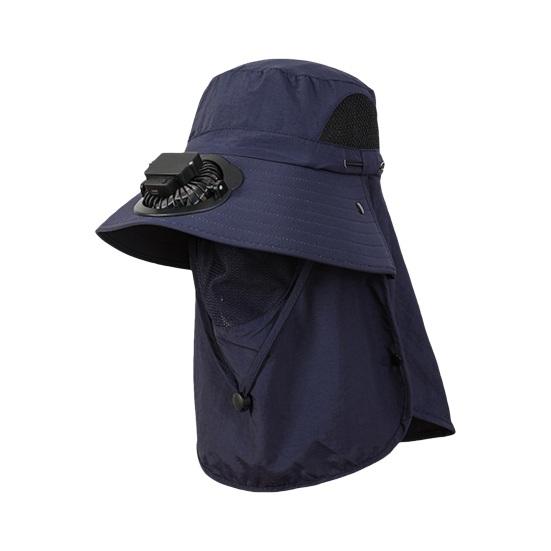 

Мужская шляпа с солнечным вентилятором и крышкой для лица и шеи. Перезаряжаемый USB-вентилятор с большими полями и полой сеткой. темно-синий