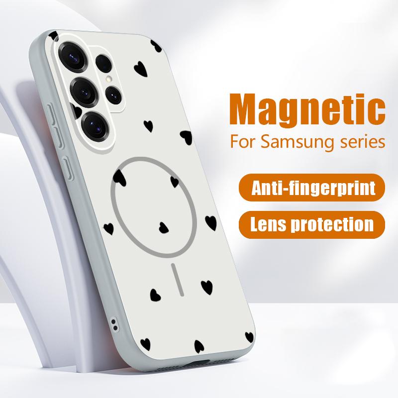 Magnetic For Magsafe Case For Samsung Galaxy S26 Ultra S25 Edge S24 Plus S23 FE S22 A54 A55 A56 5G Black Love Hearts Pattern Matte Cover