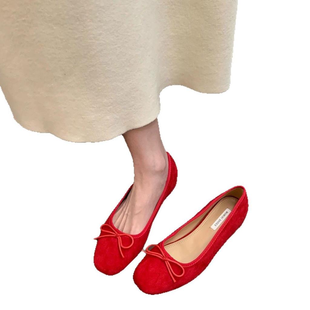 French inner heightening suede ballet single shoes women's shoes 2026 new spring and autumn bow red evening shoes