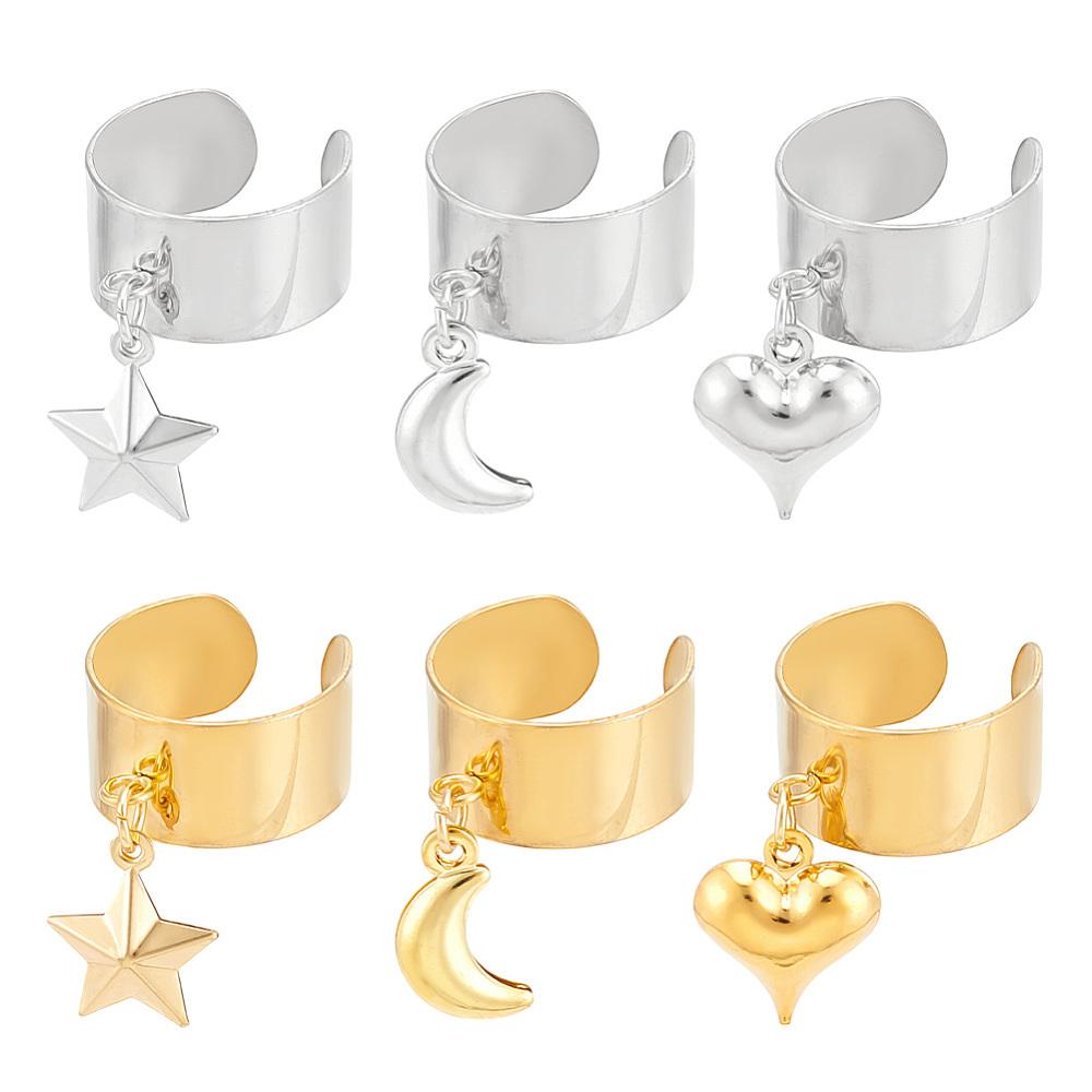 304 Stainless Steel Open Cuff Rings, with Star & Moon & Heart Pendant, Mixed Color, Adjustable, 6pcs/set