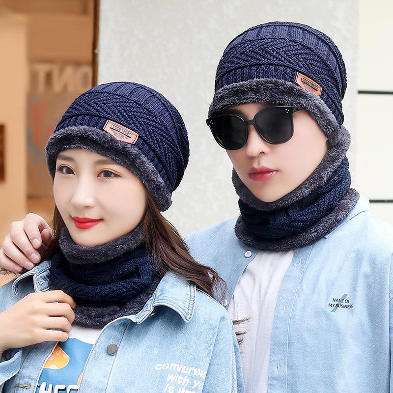 Unisex Hat Winter Youth Warm Thick Knitted Wool Hat Plus Velvet Autumn and Winter Cotton Hat Cold-proof Neck Scarf Ear Protection Hat