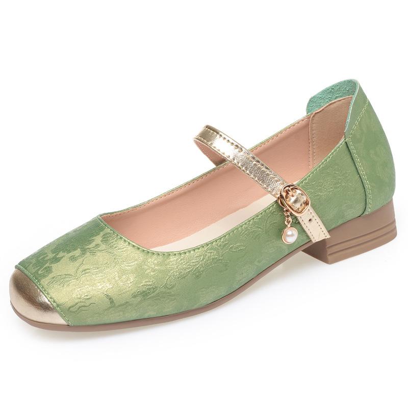

Большой размер 41 42 Дышащие Удобные Неглубокие Национальная Вышивка Мэри Джейн Туфли-лодочки 2025 Весна Квадратный каблук Туфли для Мамы 38 зелёный