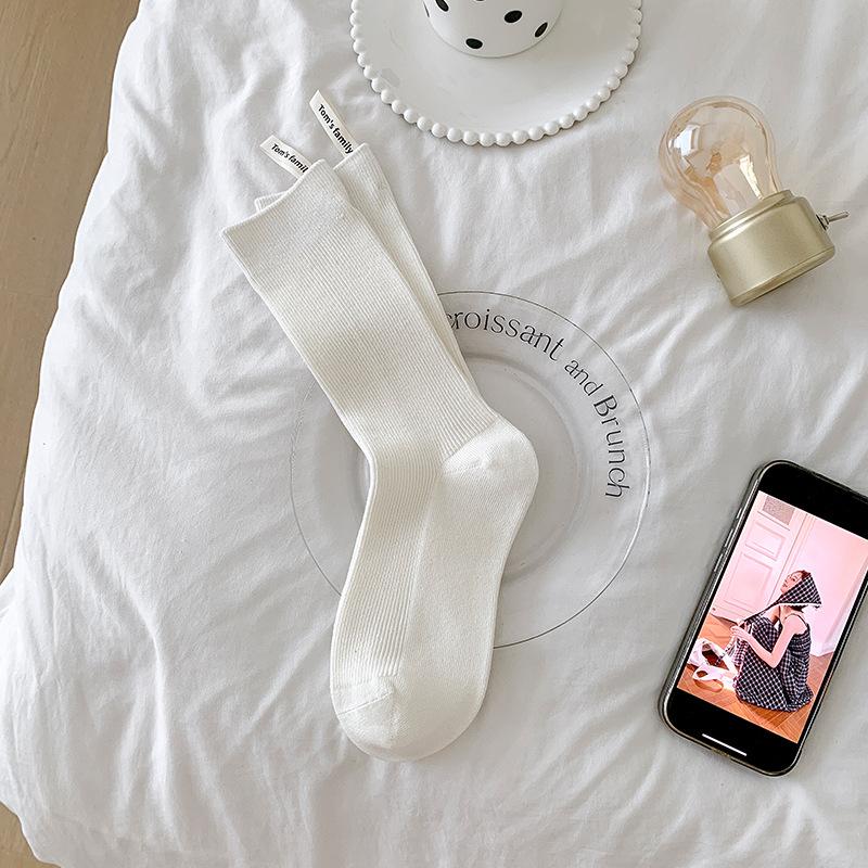 Heel Cloth Label Socks for Women, Solid Color Striped Mid-calf Socks, Spring and Autumn Trendy Pile Socks, Grey Socks