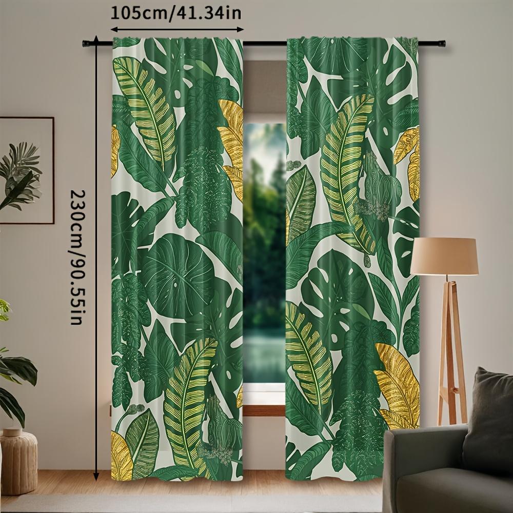 2pcs Palm Leaf Print Rod Pocket Curtains, Woven Polyester Pongee, Semi-Sheer Roller Embossed Drapes, Contemporary Style, Machine