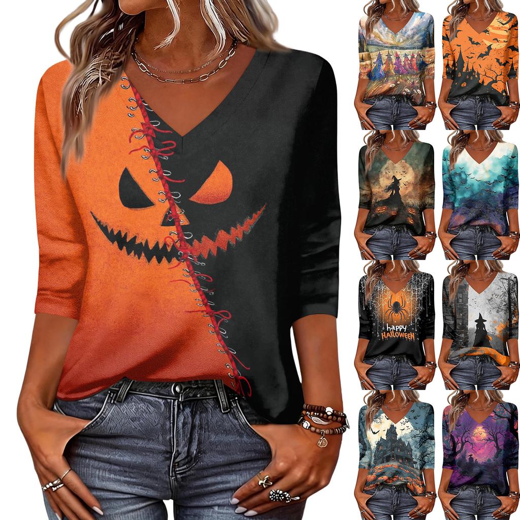Women Casual Halloween Print V Neck Top Three Quarter Sleeve Lightweight Loose Fit Pullover Shirt for Fall Seasonal Wear