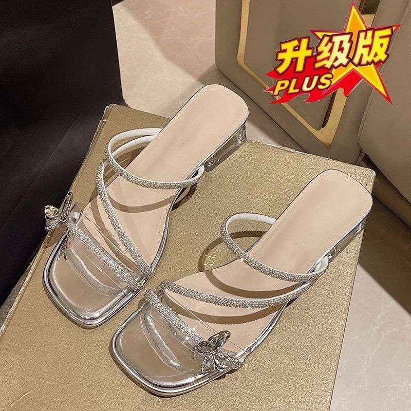 French Thick-heeled Slippers for Women's Summer Wear 2025 New Fairy Style Bow Rhinestone Temperament High-heeled Crystal Sandals