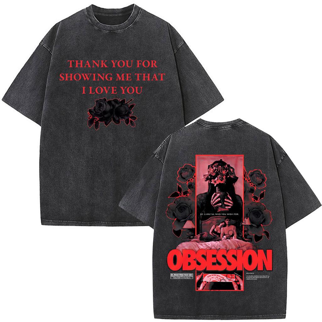 Vintage Gewaschen Obsession Film Doppelseitiger Druck T-Shirts Herren Damen Kleidung Mode Gothic Übergroß Kurzarm T-Shirts