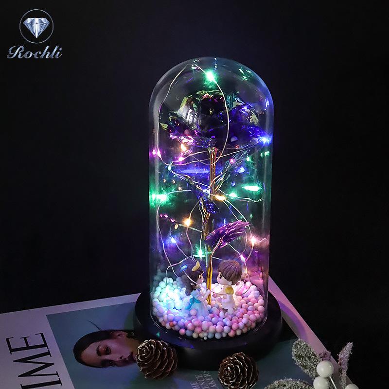 Rose Flower Preserved in Glass Dome with Night Light - Mother's Day or Birthday Gift Ornament