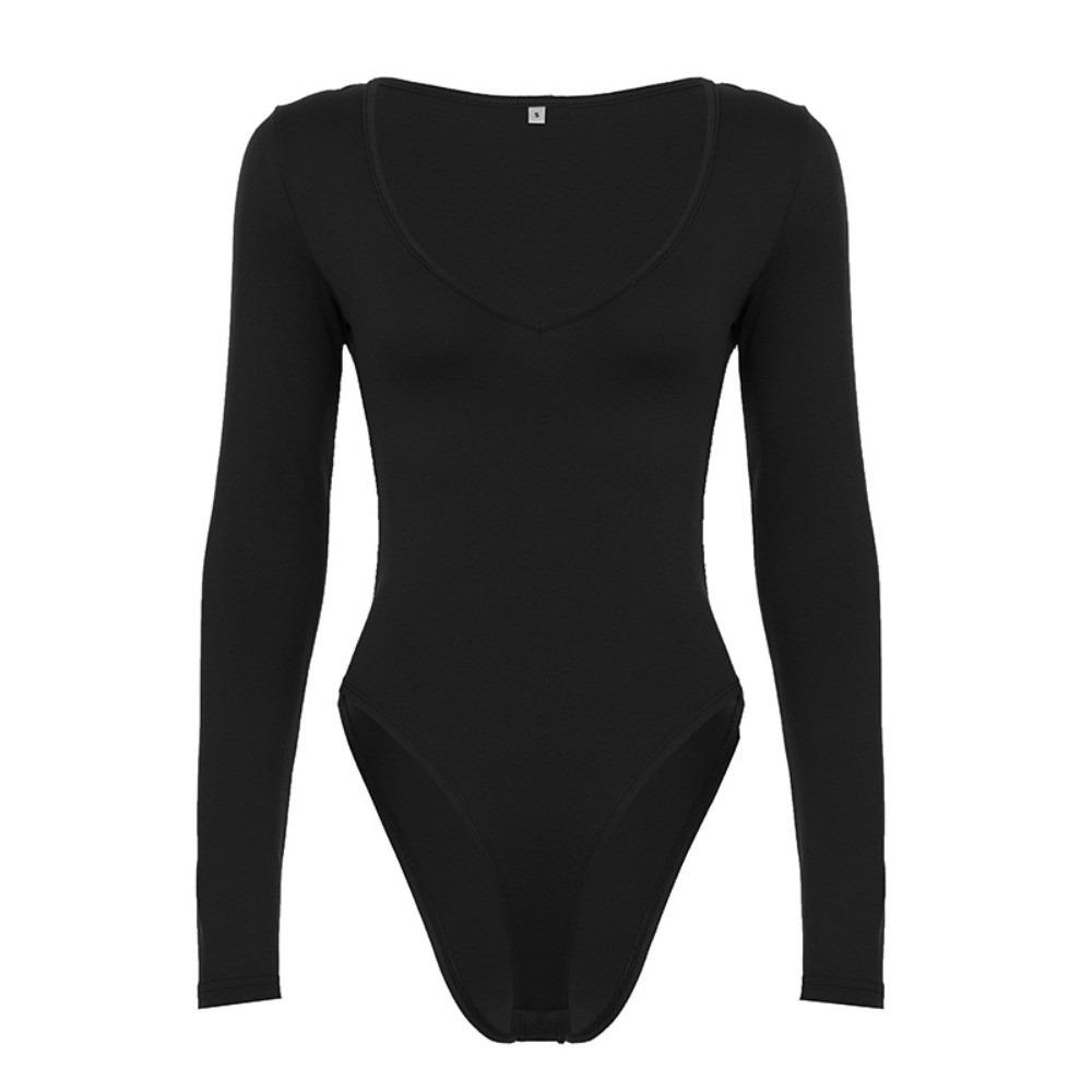 

Sweet Slim Crop Tops V Neck Skinny Bodysuit Elegant Bottoming Top Spicy Girl S чорний