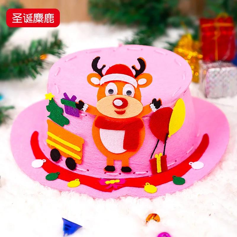 DIY Christmas Cap Adornment Children Handmade Non-Woven Hat Craft Kits Toys Ideal for Kids Kindergarten Learning-Focused Playthings Xmas Presents