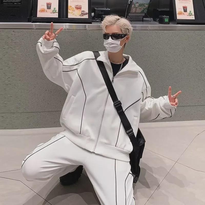 Men's Trendy Loose-Fit Sports Suit: Korean-Style Solid Color Jacket & Casual Pants Two-Piece Set for Spring/Autumn.