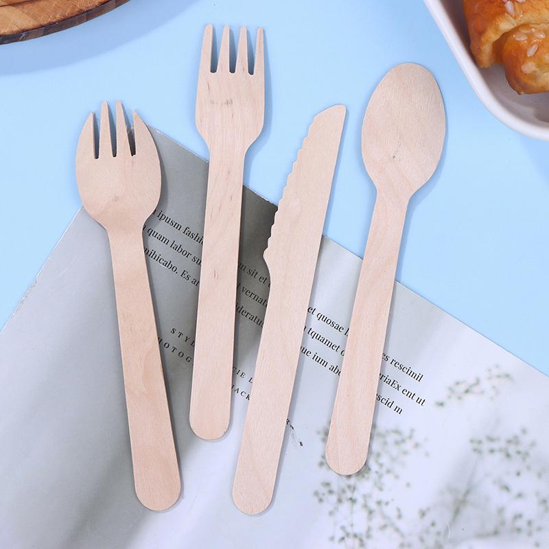 100 Pcs Disposable Wooden Cutlery Forks/Spoons/Cutters Knife Party Supplies Kitchen Utensil Dessert Tableware Packing Set