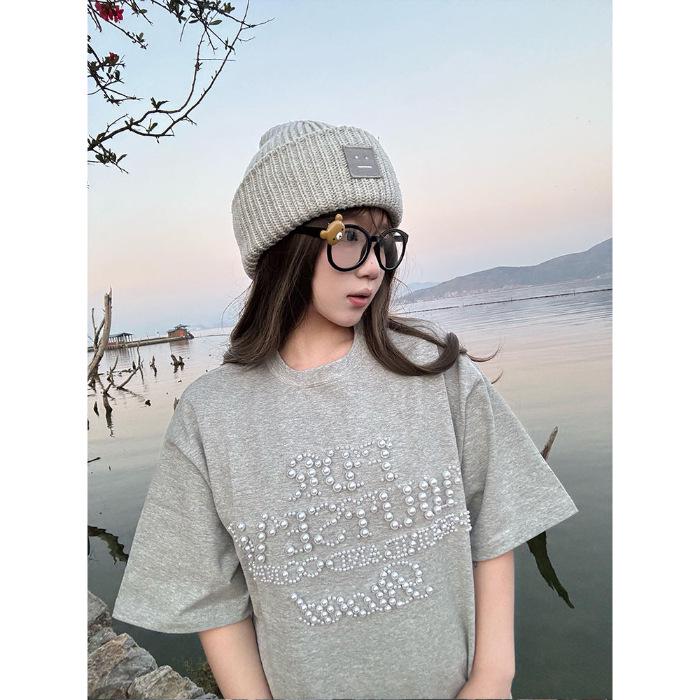

Женская футболка из хлопка в стиле ретро с черным жемчугом, коллекция лето 2025 XXL серый