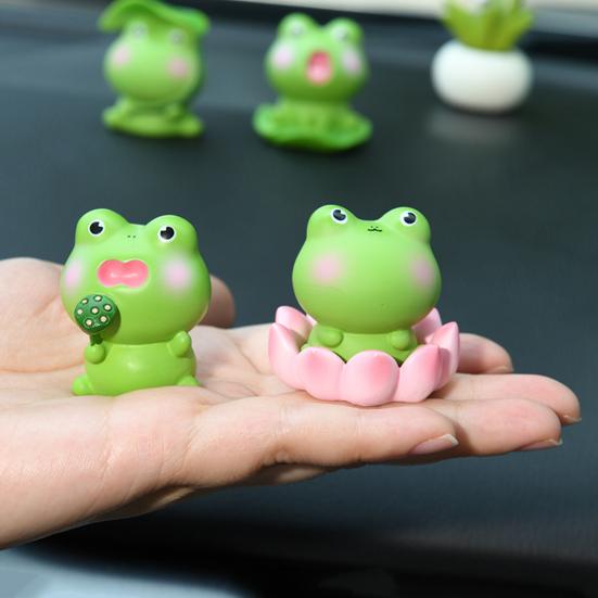 3Pcs Frog Figure with Pad Resin Frog Car Ornament Mini Green Plant Bonsai Pot Home Office Decor Car Interior Accessory