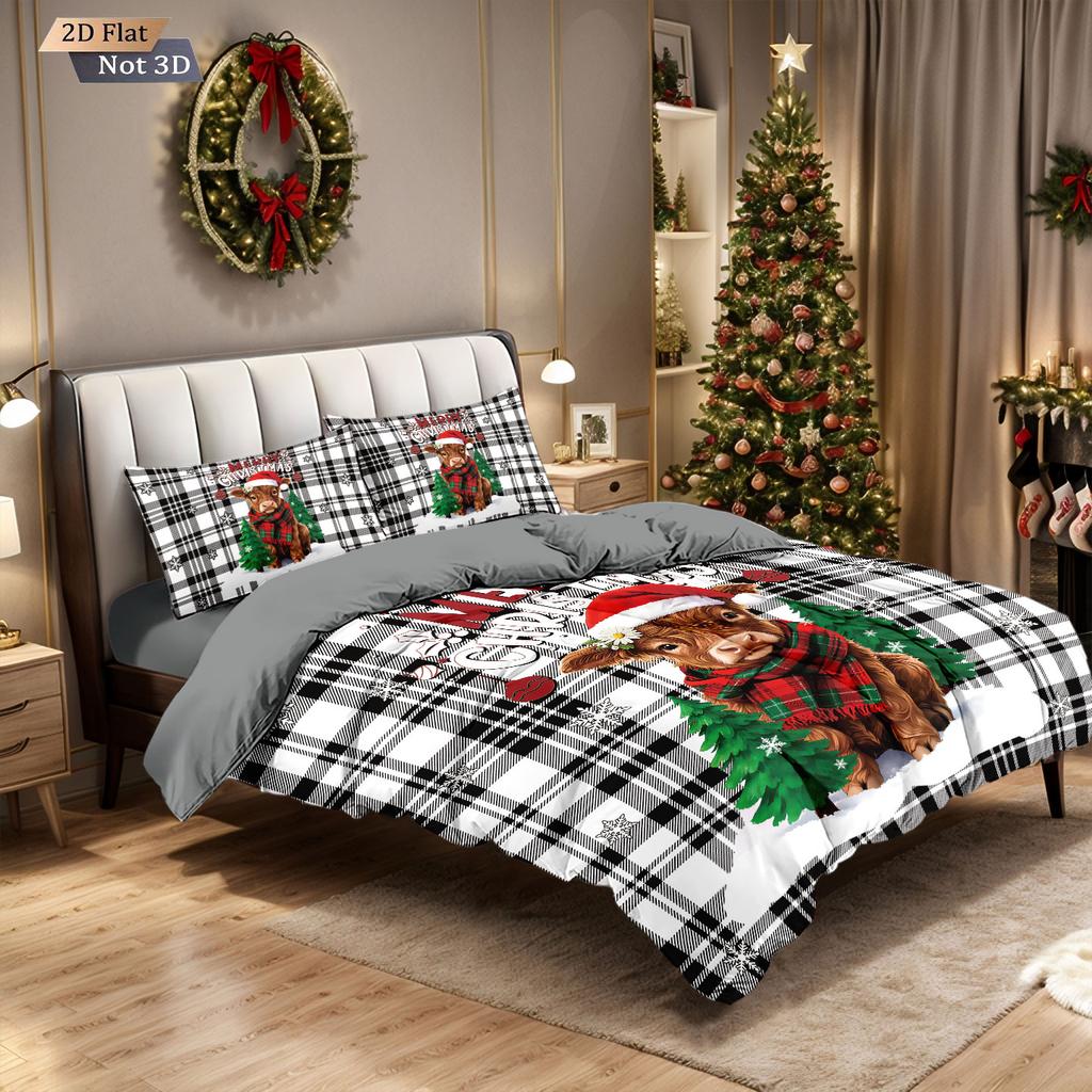 3-teiliges kariertes Weihnachts-Highland-Kuh-Druck Bettwäscheset ohne Füllung, mehrgrößig, Schlafzimmer-Bettdeckenbezug-Dekoration, maschinenwaschbar