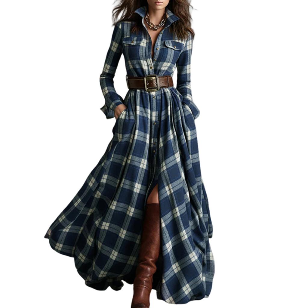 Women's Fashion Vintage Check Waist-cinching Slimming Asymmetrical Design Collar Long-sleeved Dress