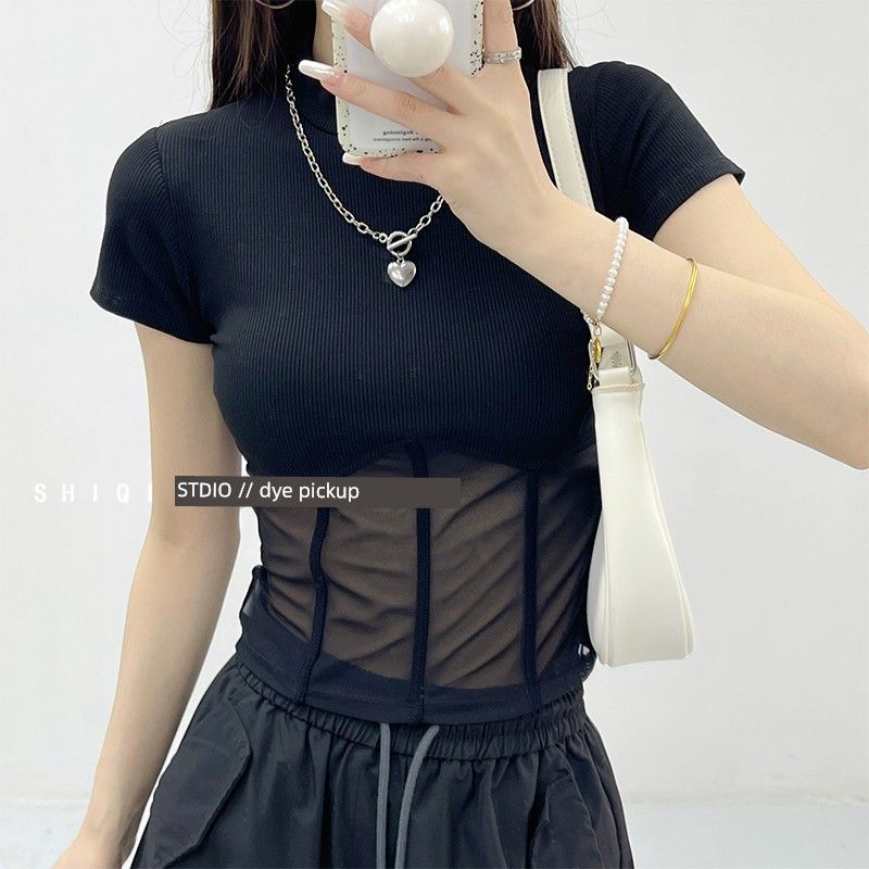 

Fashion Style Sexy Patchwork Mesh Tops Summer Silm Cropped T-shirt Pure Desire Sexy Short Sleeve Women s Clothing Black S