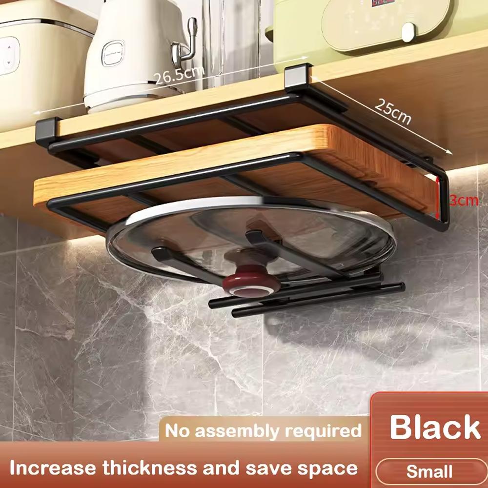 Space Saving Kitchen Organizer: Under Cabinet Hanging Rack with Hooks for Towels Cutting Boards Pot Lids 7