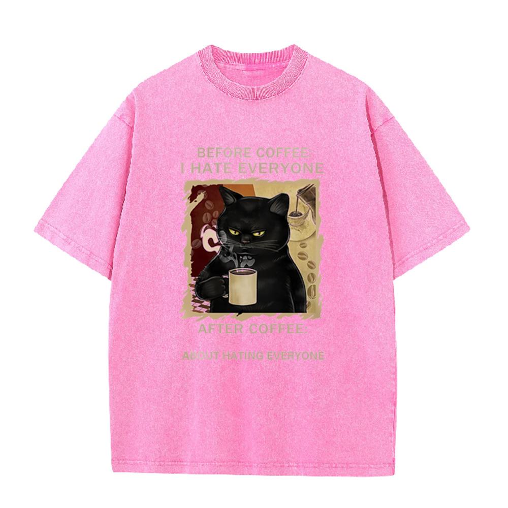 Cats Love To Drink Coffee Print Men Washed Tshirt Casual Loose T Shirts Summer Cotton Streetwear Soft Breathable Short Sleeve