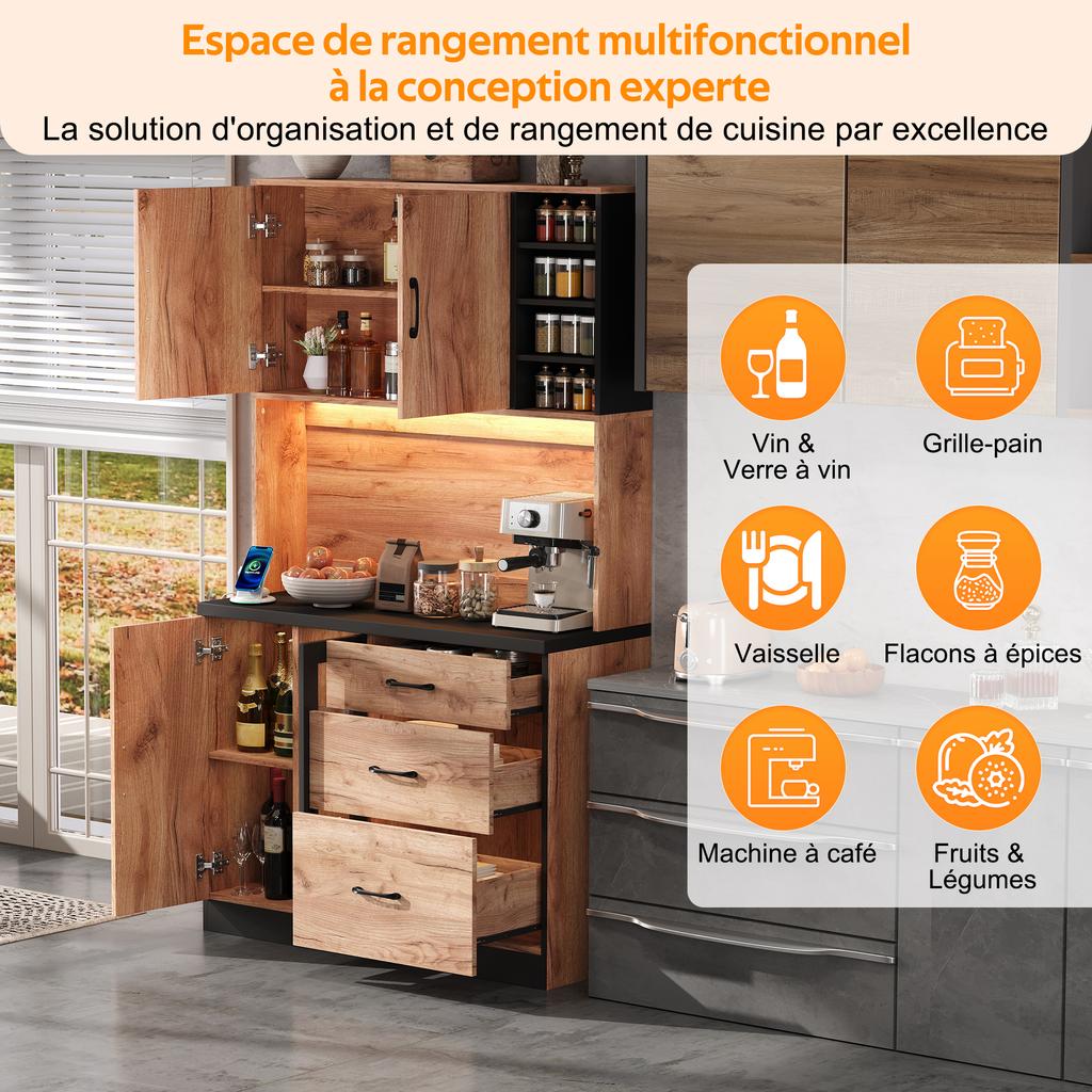 105 × 40 × 180 Cm Modern Kitchen Tall Cabinet, Black and Wood Look with LED Lighting, Adjustable Shelves and Euro-Style Socket