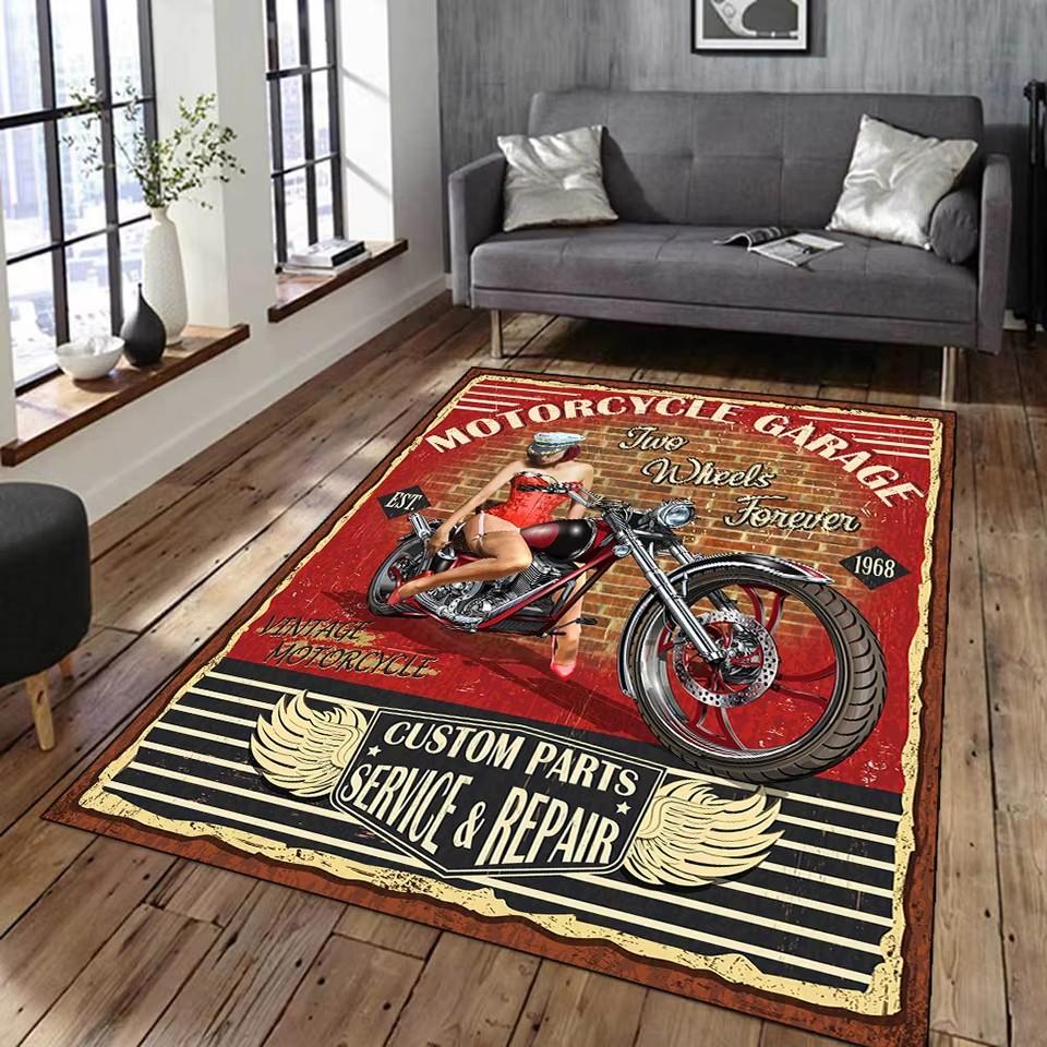 Vintage Classic Motorcycle Garage 3D Printed Carpet Living Room Retro Race Car Large Rug Home Decor Bedroom Non-Slip Floor Mat