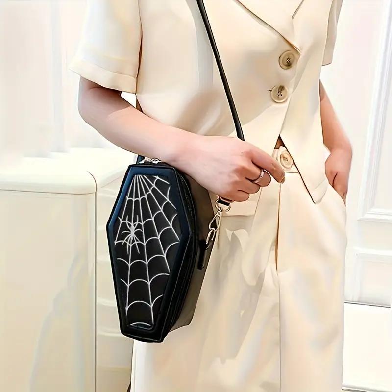 WTEMPO Halloween Zipper PU Bags Gothic Coffin Shaped Crossbody Bags Halloween Spider/Spider Web Pattern Large Purses Vintage Single Shoulder Gift Bags