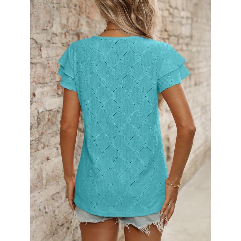 Women's Spring Summer Solid Color Round Neck Sweet Short Sleeved T-shirt Hollowed Out Top