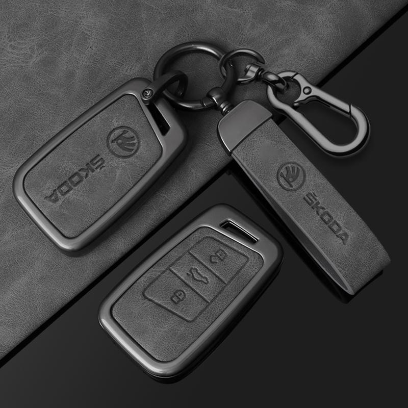 HLLQ9 Leather Zinc Alloy Car Smart Remote Key Case Full Cover Protector Shell Fob for Skoda Kodiaq Superb A7 Auto Keychain Accessories