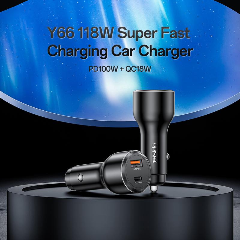 

YESIDO Y65 USB+Type-C Dual Port Car Charger PD 100W+QC 18W Fast Charging Adapter As Shown A