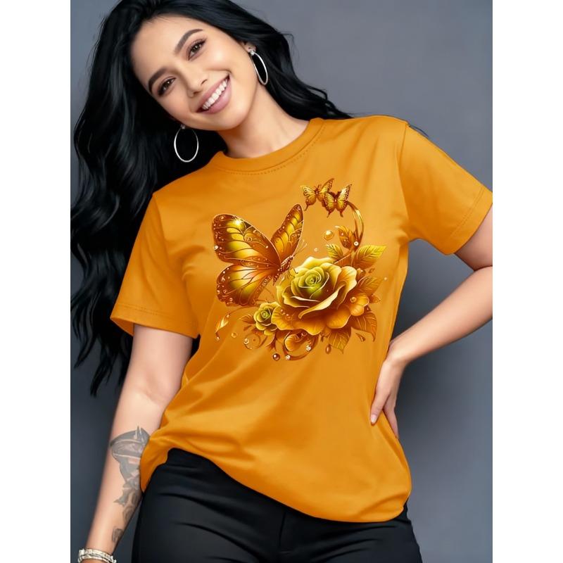 

Women s bright orange T-shirt, purple rose and butterfly print - short sleeved round neck casual top XL
