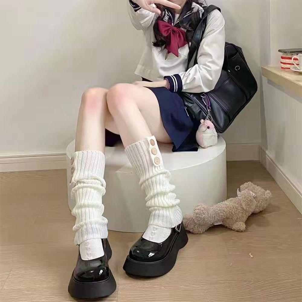 Style Buttons Stripe Lolita Wool Boots Women Leg Warmers Knitted Foot Cover Long Socks Cover