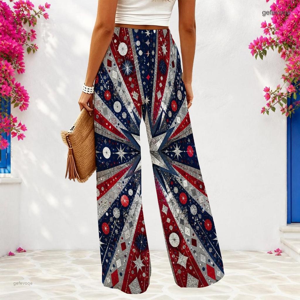 Women Plus Size Tropical Leaf Printed Loose Full Length Wide Leg Pants