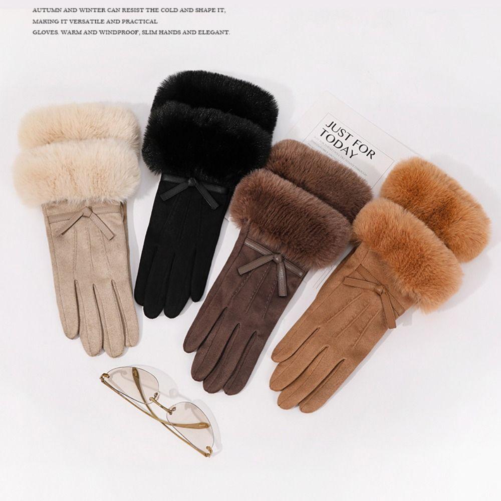 Velvet Pu Leather Gloves Bow Women Cycling Mittens All-Match Winter Suede Gloves Winter