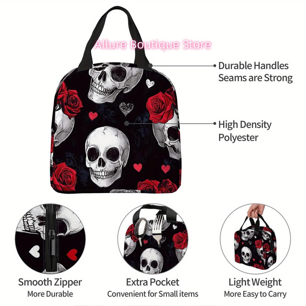 1pc Gothic Thermal Insulated Bag - Skulls, Roses & Hearts Design Thermal Insulation Bag, Non-Food Contact, Portable Thermal Leak