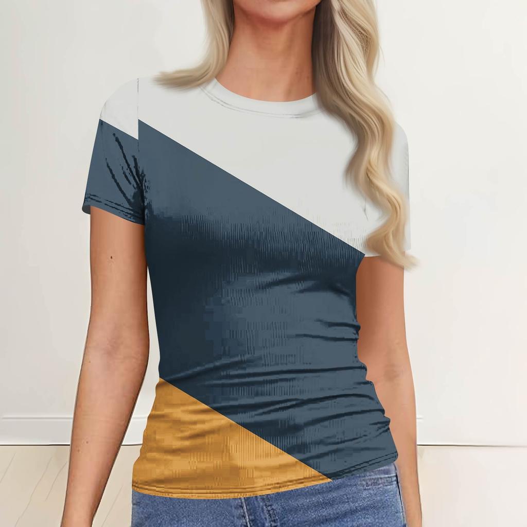 Ladies Slim Bottom T-shirt Fashion Casual   Round Neck Pullover Short Sleeve Top