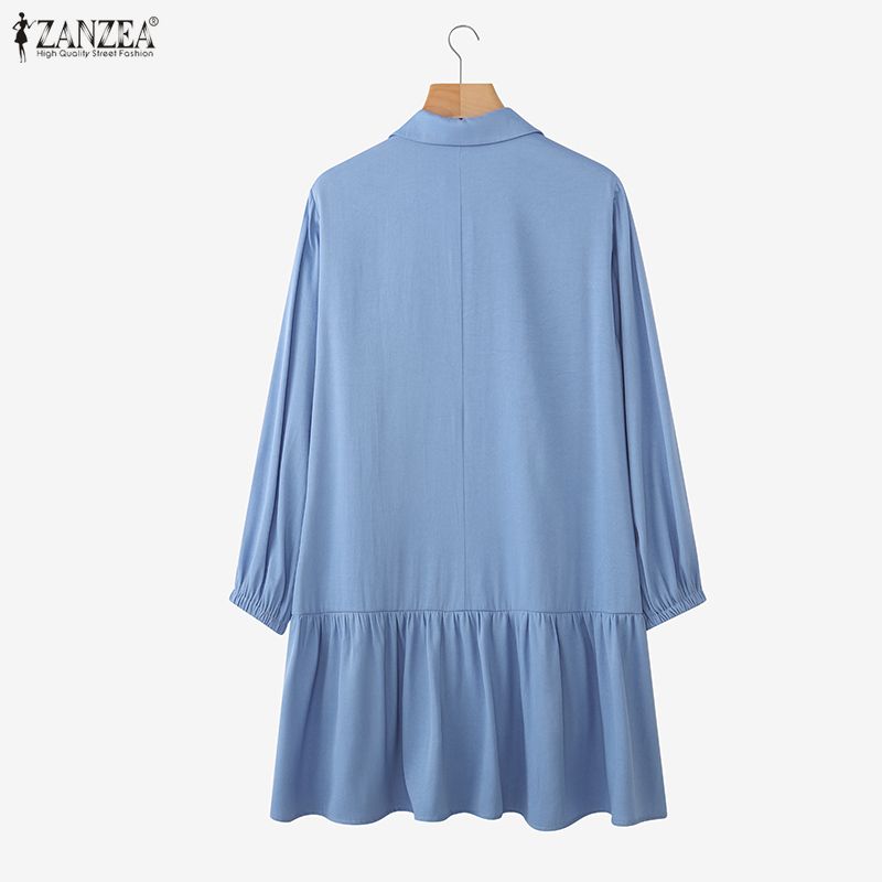 ZANZEA Women Casual Turn Down Collar Loose Long Sleeve Dress