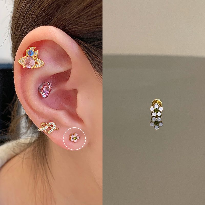 

Ringring Store Small Ear Bone Stud Medical Titanium Steel Flower Stud Earrings Ear-Caring Titanium Alloy Ear Ear Bone Pin Earrings for Women Gold bottom powder small flower 1