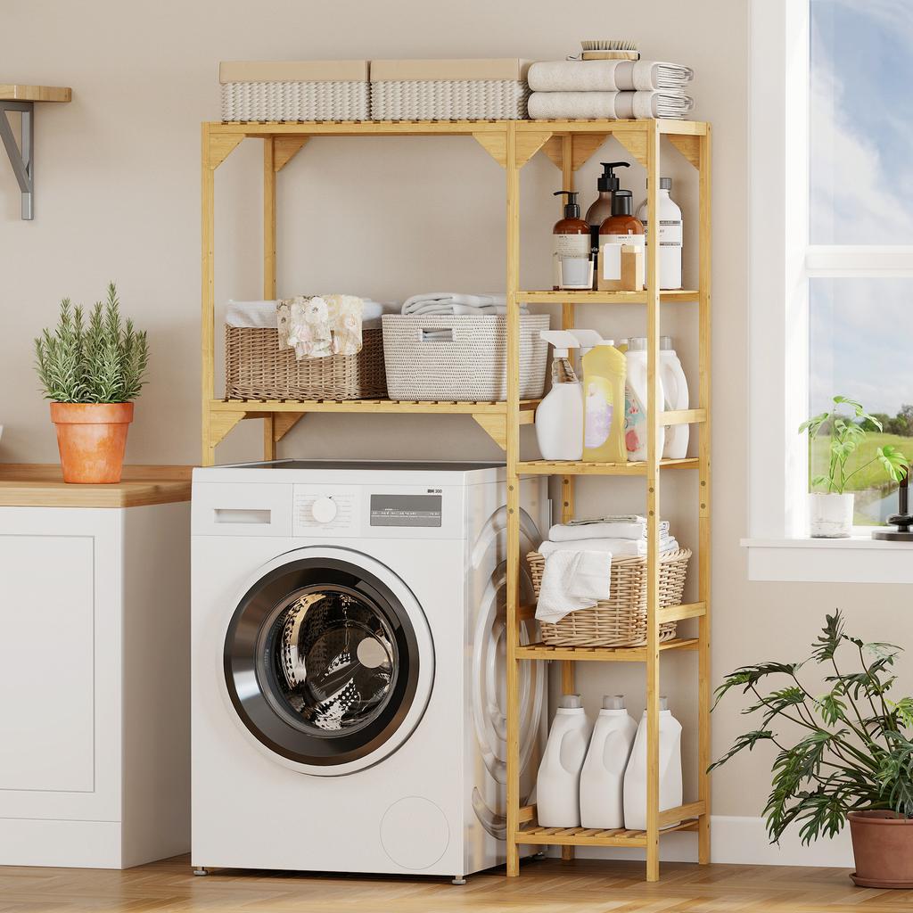 Bamboo Shelf Above Washing Machine, Bathroom Cabinet, Reversible Shelves, Natural Wood