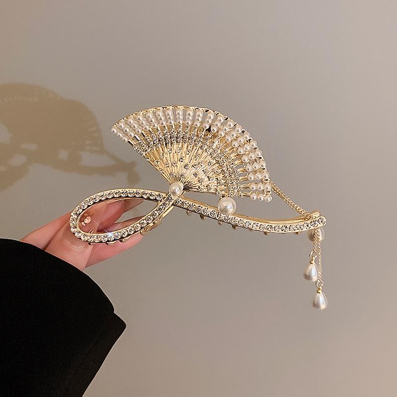 Chinese Style Diamond-encrusted Fan Tassel Imitation Pearl Hair Clip Internet Celebrity Light Luxury Temperament Niche Women's Hair Accessories