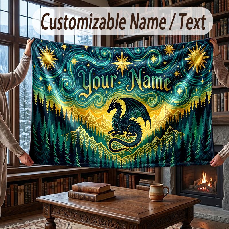 Dragon Theme Throw Blanket Custom Name Text Personalized Blanket Soft Cozy Blanket for Home Sofa Bed