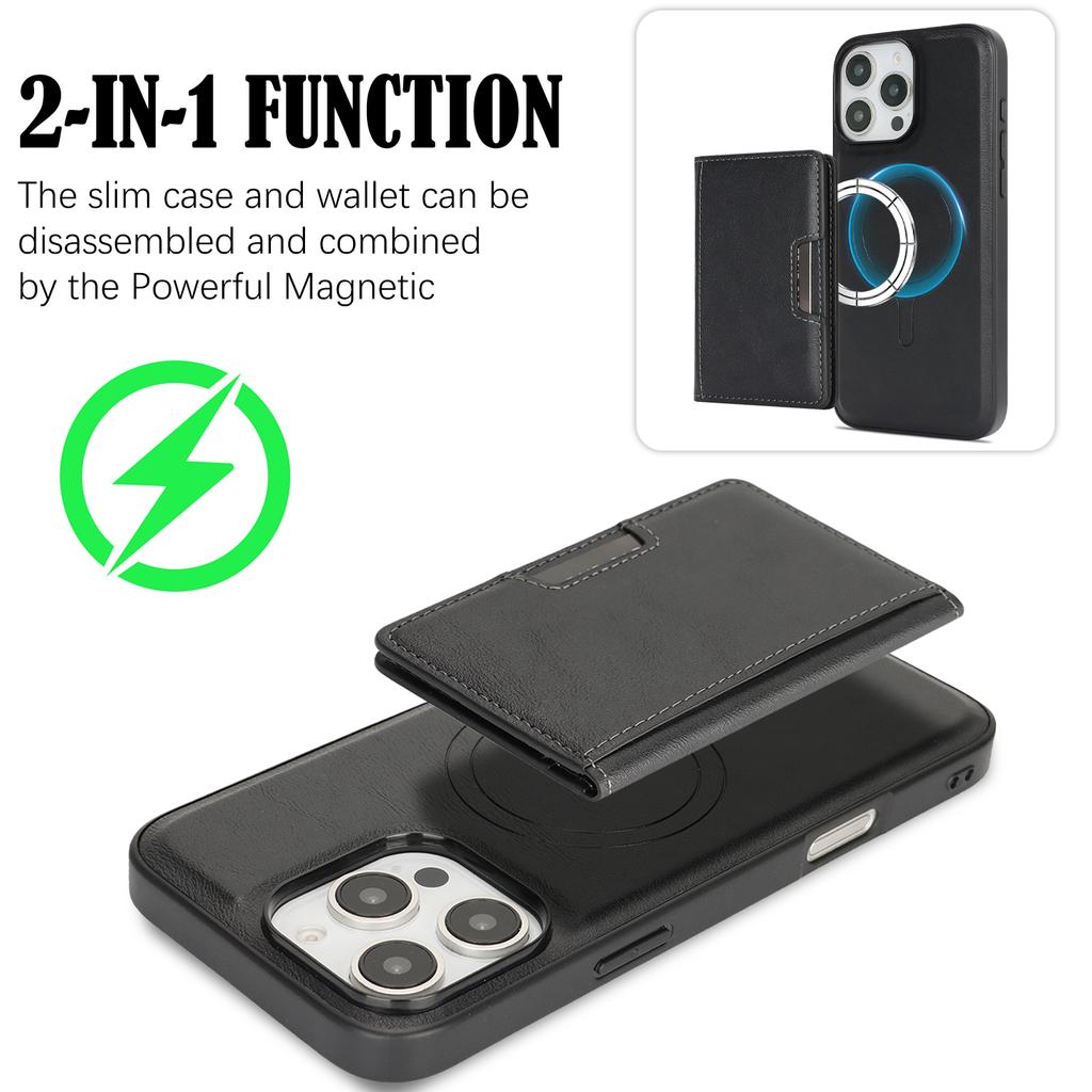 For iPhone 15 Pro Kickstand Case Bi-fold Card Bag PU Leather Coated TPU Cover Compatible with MagSafe