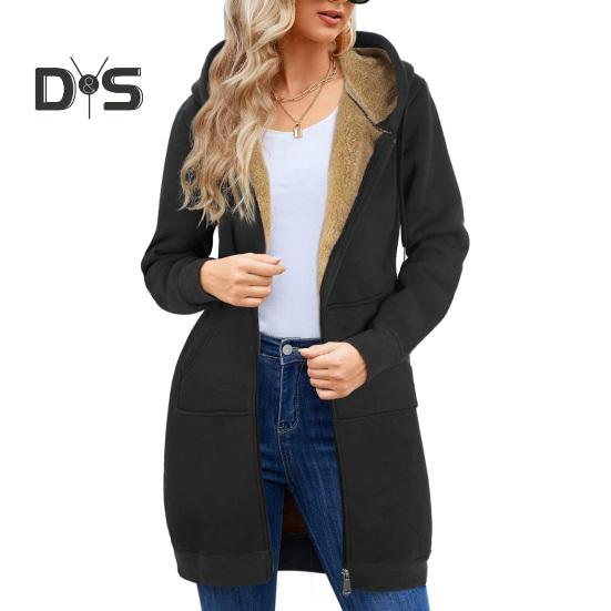 

Женская зимняя толстовка с капюшоном, утолщенная плюшевая подкладка, длинные рукава, верхняя одежда средней длины, однотонное пальто с застежкой-молнией, повседневная куртка для поездок на работу XL чёрный