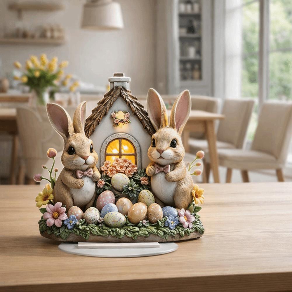 Acrylic Easter Bunny Ornament Easter Decor Desktop Decor Rabbit House 2D Flat Table Decoration Acrylic Ornament Display Shelf