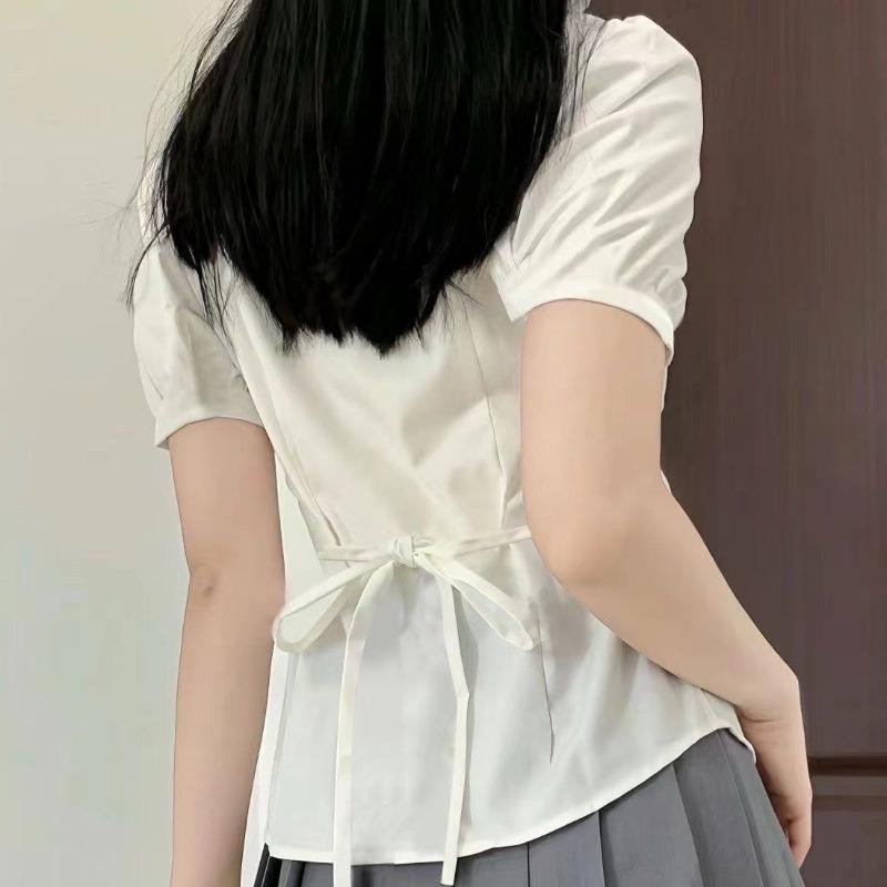 White Women's Waist Cinched Short Sleeved Shirt Unique Lace Up Design Slim Fit Blouse American College Style Ladies Tops