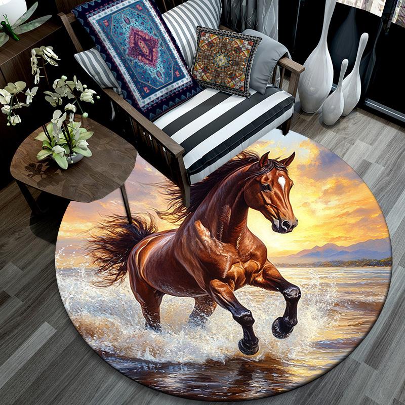 Galloping Horse Round Area Rug,Carpet Rug for Living Room Bedroom Sofa Playroom Decor,Non-slip Floor Mat