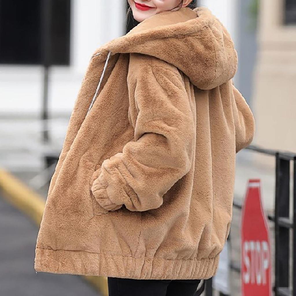 Plush Faux Rabbit Hooded Pocket Jacket For Women's Loose Plush Long Sleeved Women's Top
